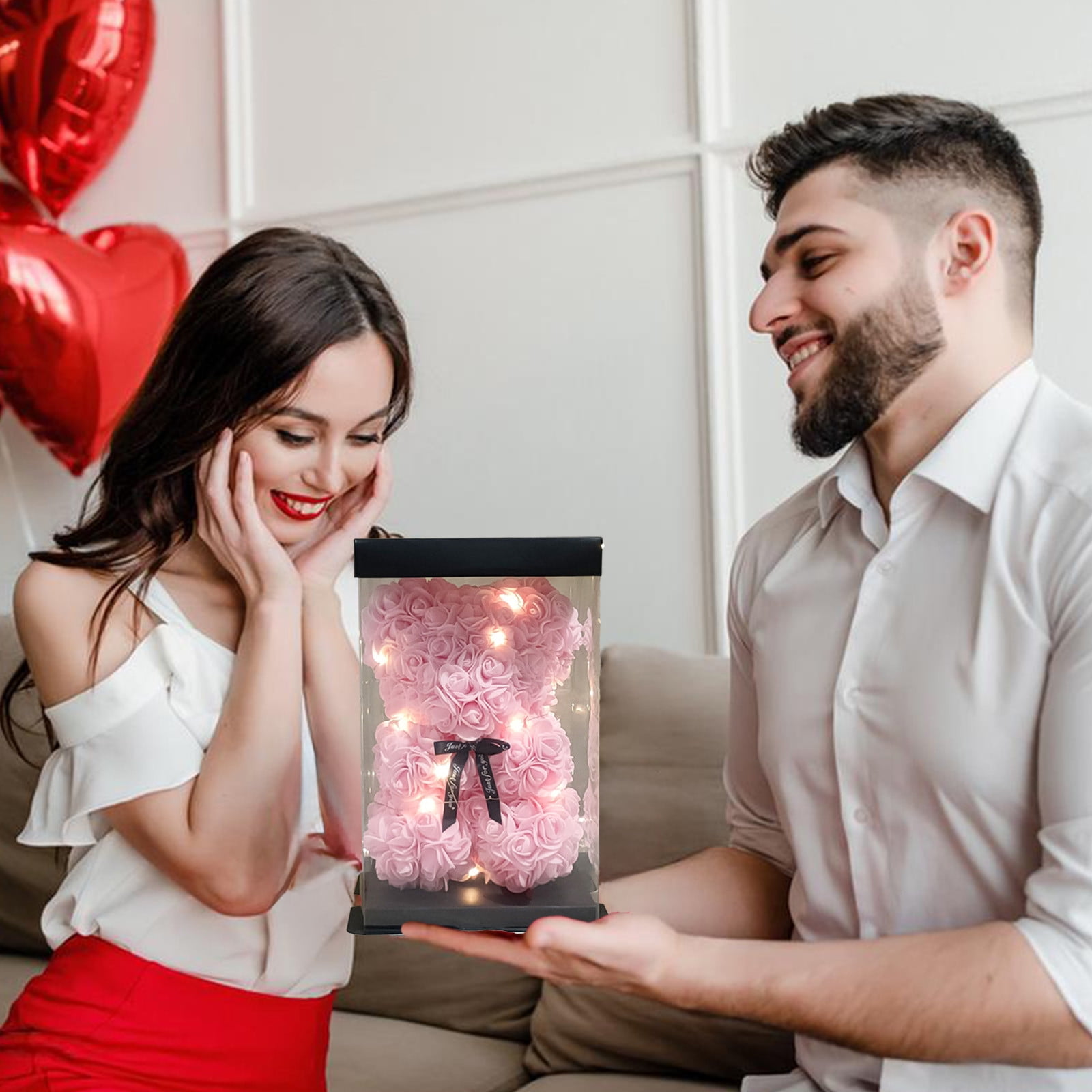 Lksixu Rose Flower Bear, Valentine's Gifts for Her Artificial Rose Flowers Teddy Bear with Lights and Box, Romantic Handmade Foam Flowers Bear Statues for Christmas Birthday Valentine's Day