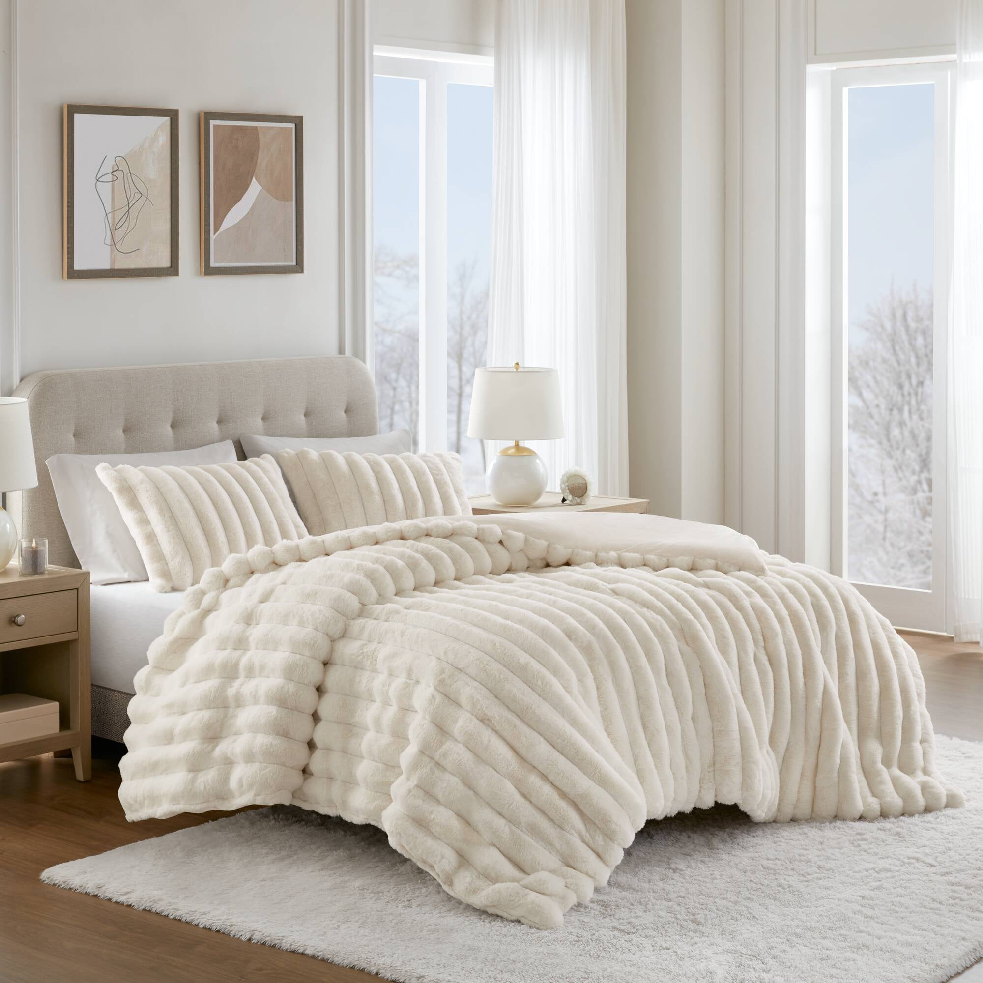 Regency Heights King Size Comforter Sets, Ivory Fluffy Ribbed Plush Bedding Set, 3-Piece Faux Fur Ribbed Bedding Comforter Set