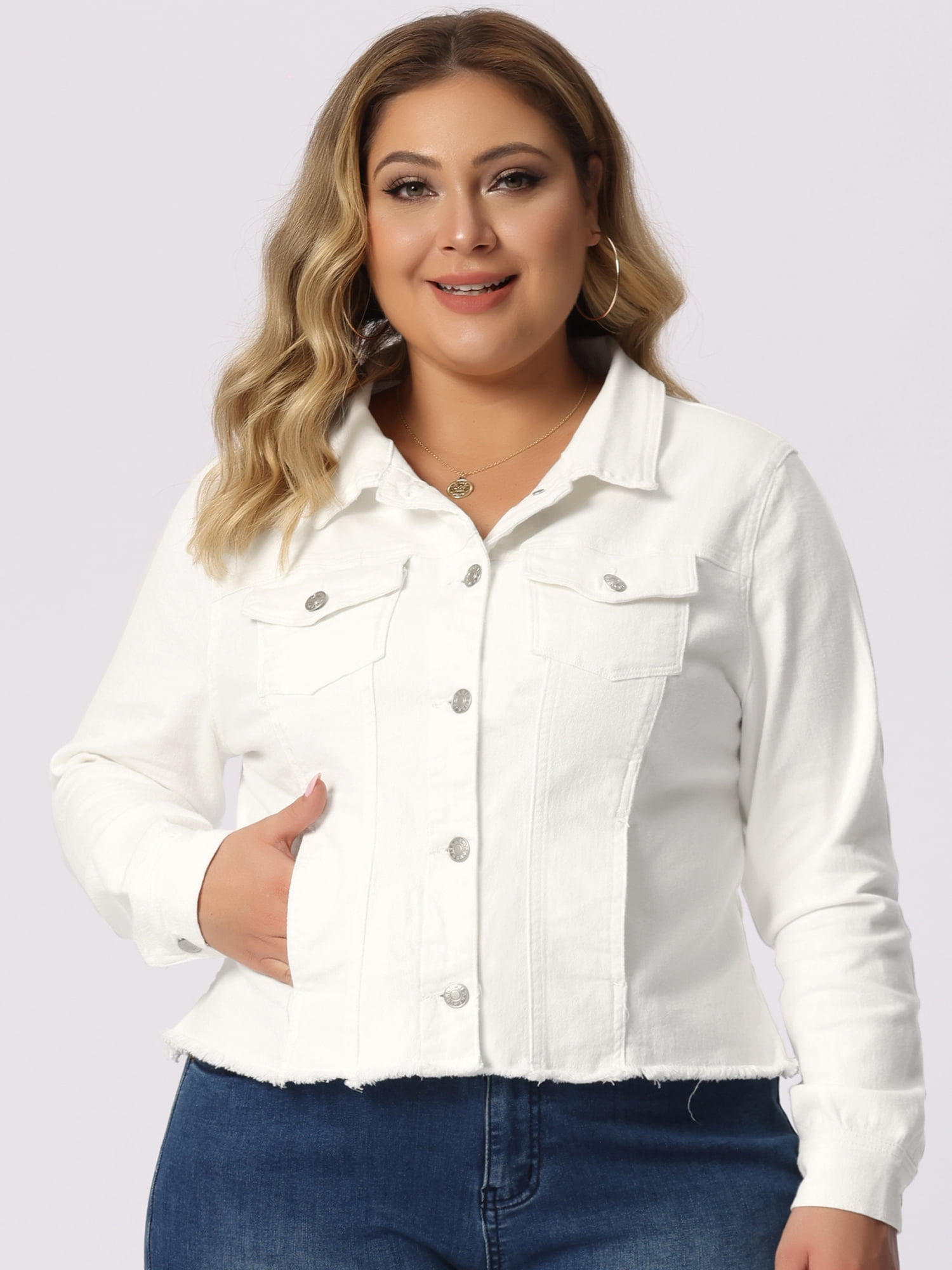 DARING DIVA Women's Plus Size Washed Front Frayed Classic Denim Jacket 6X White