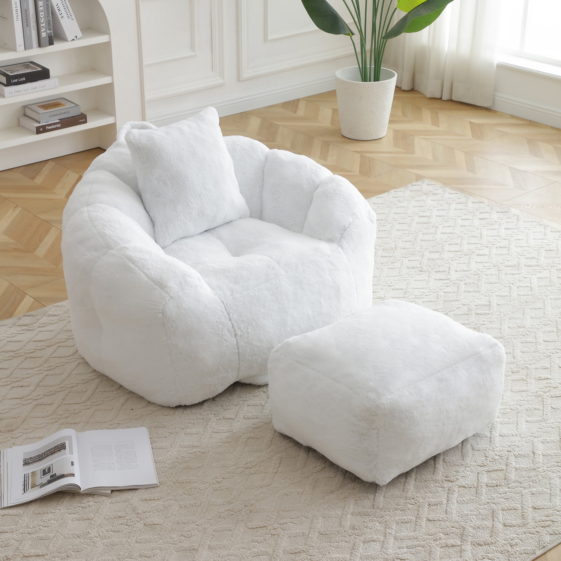 Gaint Bean Bag Chair with Ottoman, Comfy Faux Fur Armchair for Adults and Teens, Shell-Shaped Reading Chair Floor Sofa for Living Room, White