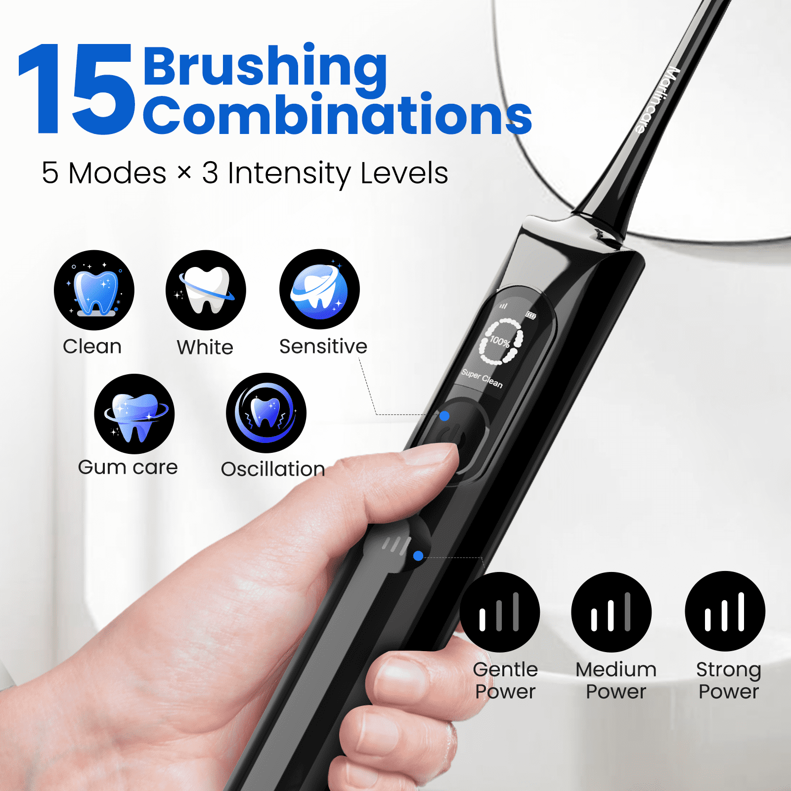 Marlincare Sonic Electric Toothbrush for Adults with Smart Display, Pressure Sensor, 180-Day Battery, 3 Intensity Levels & 5 Modes,Black