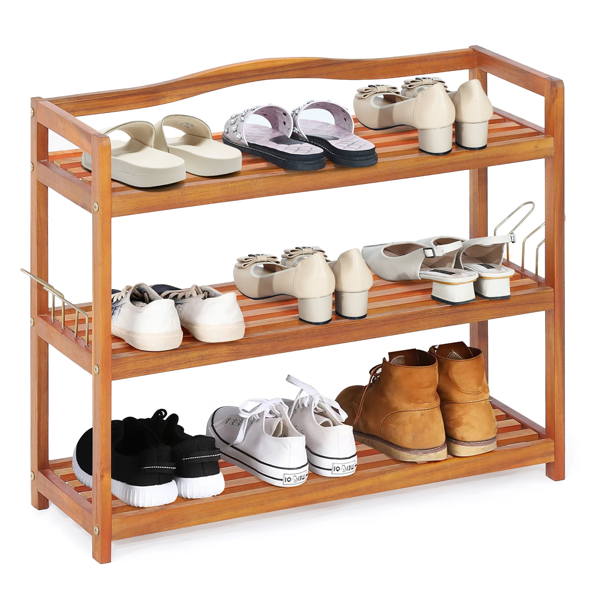 Costway 5-tier Wood Shoe Rack Solid Acacia Wood Shoe Shelf With Side Metal  Hooks : Target
