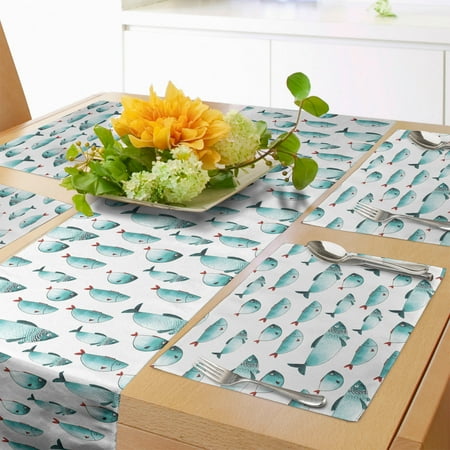 

Turquoise and White Table Runner & Placemats Marine Pattern Watercolor Fishes Nautical Aquatic Life Set for Dining Table Decor Placemat 4 pcs + Runner 12 x90 Turquoise Teal and Ruby by Ambesonne