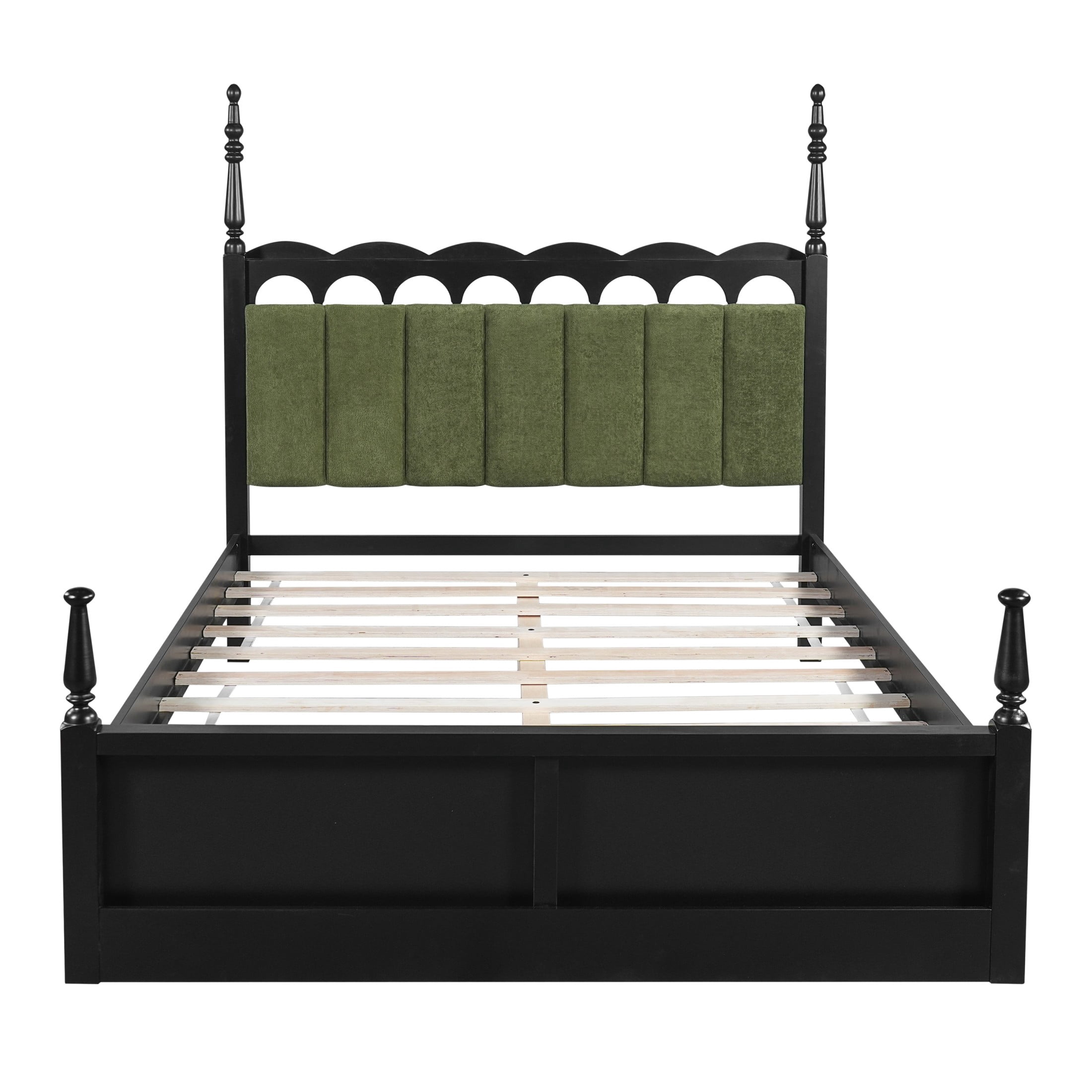 Christopher Knight Home Queen Wood Bed Frame with Scalloped Tufted Chenille Headboard, Black+Green