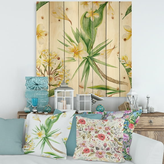 Designart 'Yellow Flowers and Tropical Foliage V' Modern Print on Natural Pine Wood