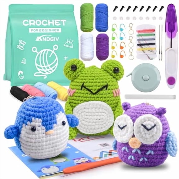 Crochet Kit for Beginners Kids Adults - Amigurumi Crocheting Animal Kits, Beginner Knitting Set DIY Art Craft, 3 Pattern Owl, Penguin, Frog, Easy to Learn Tutorials, Yarns, Hook, for Girls Age 12 