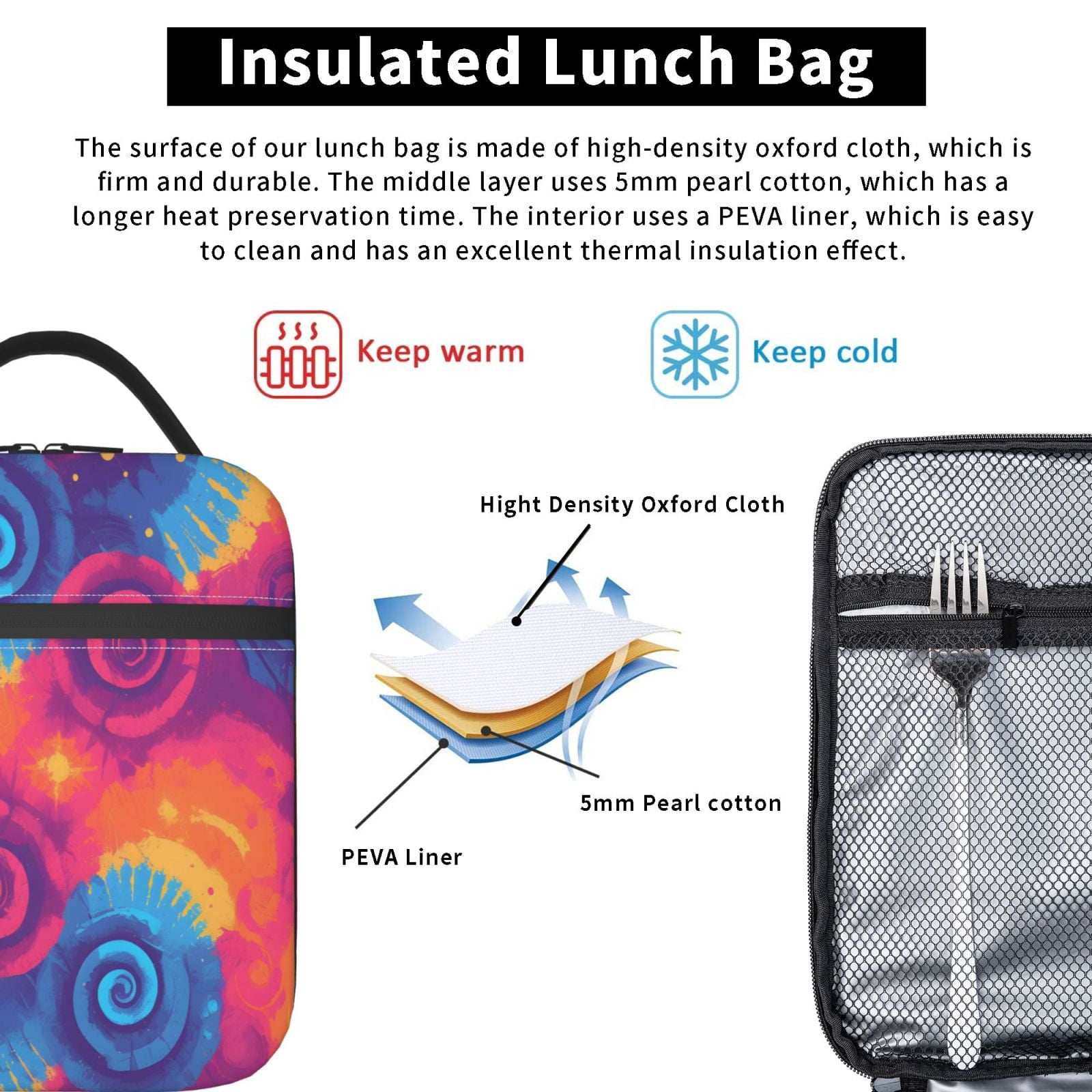 Lunch Bag For Women Men Insulated Portable Lunch Box Bento Box Office Picnic Travel Cooler Bag Palevioletred Tie-Dye Background Vibrant Colors And Swirling (2)