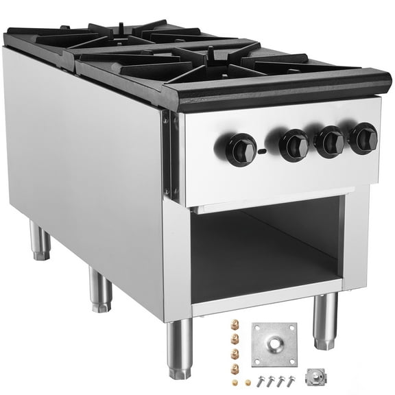 KFFKFF Commercial Gas Stove with Dual Burners, Compatible with Propane and Natural Gas, Stainless Steel Countertop Cooking Range, Ideal for Restaurant Use, 180,000 BTU