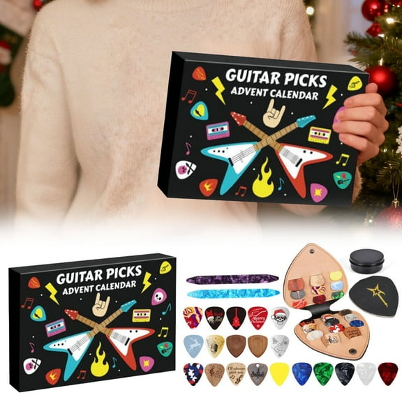 Guitar Picks Advent Calendar 2025, 24-Day Countdown with 20 Celluloid & Wood Picks in Multiple Gauges, 2 Oud Picks, Pick Holder & Metal Tin Case, Christmas Gift for Guitar, Bass, Ukulele Players