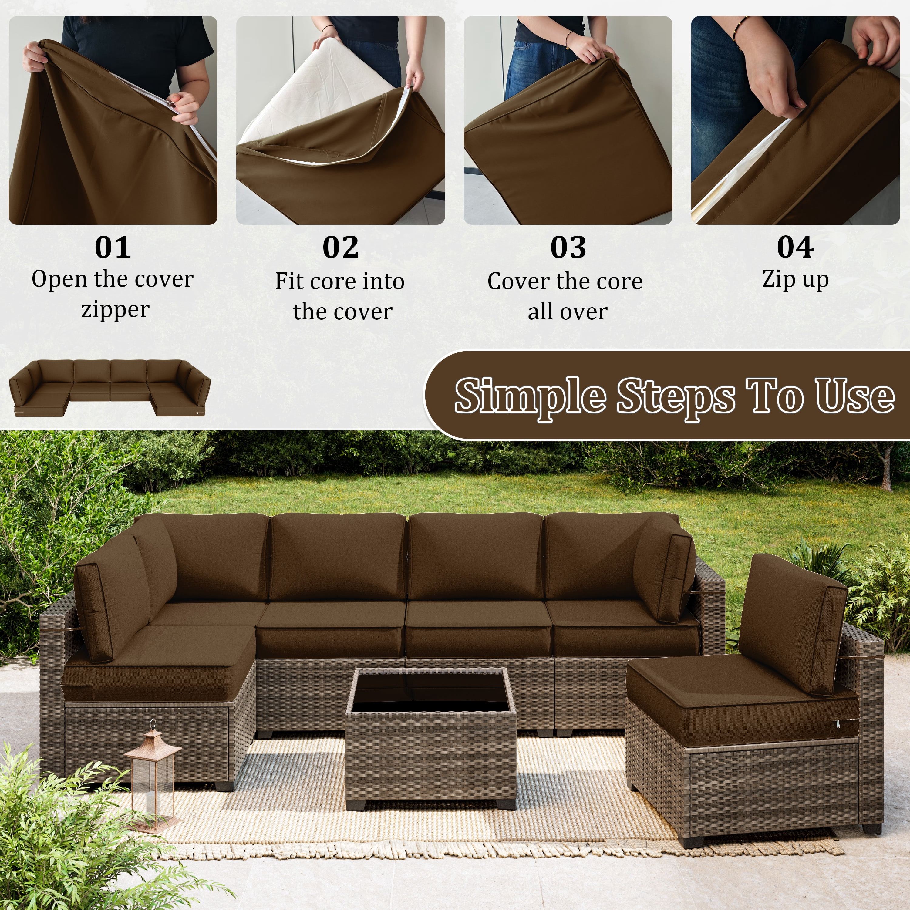 Snubbull 14 Piece 26" x 26" Patio Cushion Covers Replacement, Outdoor Patio Wicker Sofa Washable Cushion Slipcovers with Zipper, Chocolate