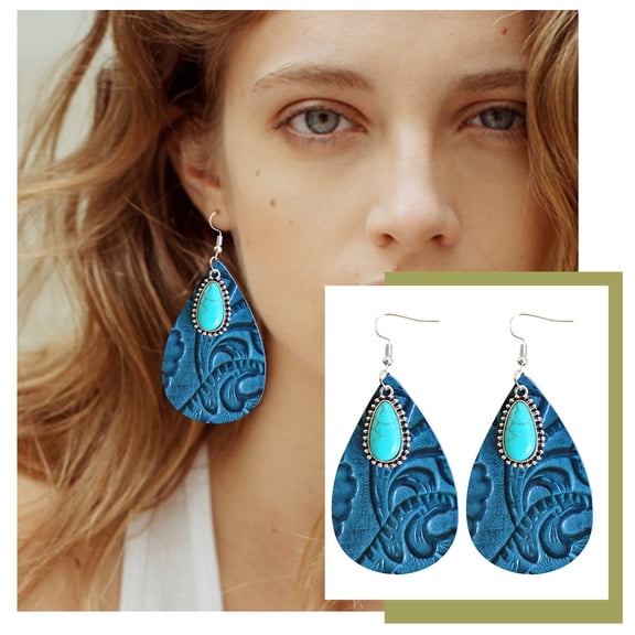 QIQUWOHUL Vintage Embossed Leather Water Drop Shape Blue Turquoise Stone Dangle Earrings For Women Mom