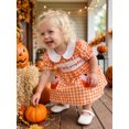 thumbnail image 5 of RUINIXCW Toddler Baby Girl Halloween Dress Outfit Infant Baby Girls Summer Fall Clothes Plaid Gingham Dress Puff Short Sleeve Peter Pan Doll Collar Pumpkin Embroidery A Line Dress, 5 of 9