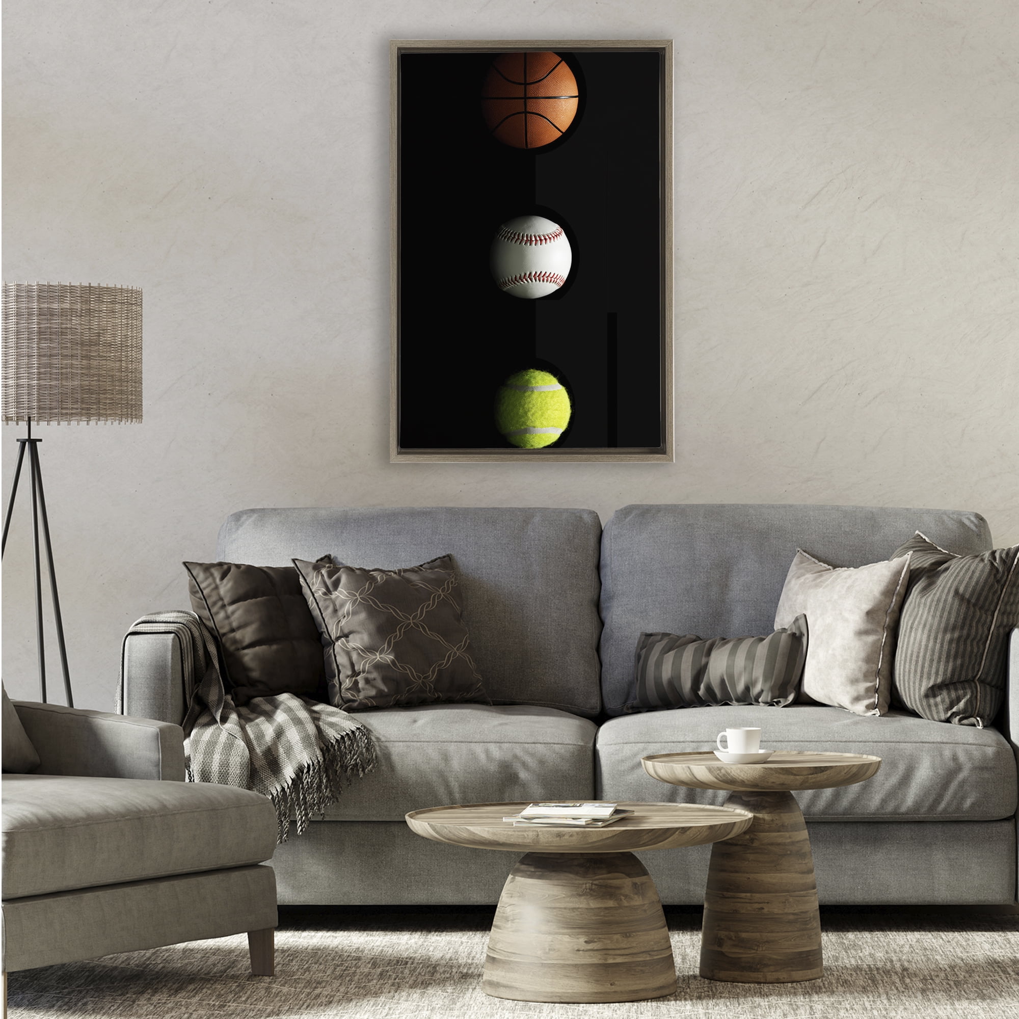 Stupell Industries Sports Balls Spotlight Brown Framed Floater Canvas Wall Art, design by Jesse Keith