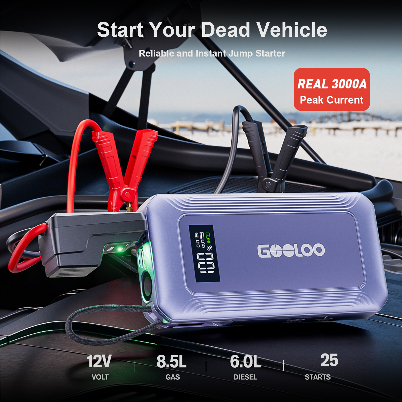 GOOLOO G7 3000A Jump Starter – Built-in Charging Cable That Forms Carry Loop, SuperSafe Lithium Jump Box, 45W USB-C Fast Charge, 12V Safe Battery Booster for Up to 8.5L Gas / 6.0L Diesel