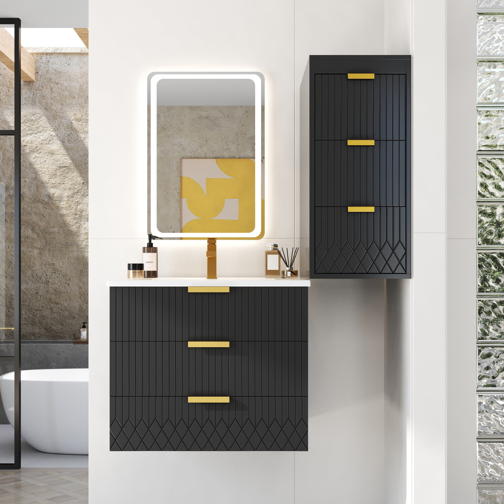 Euroco 24inch Wall Mounted Floating Cabinet w/Side Cabinet Combo, Rectangular Vanity, Small Bathroom Sink With Single Faucet Hole and Overflow, Modern Bathroom Cabinet with Ceramic Basin Sink