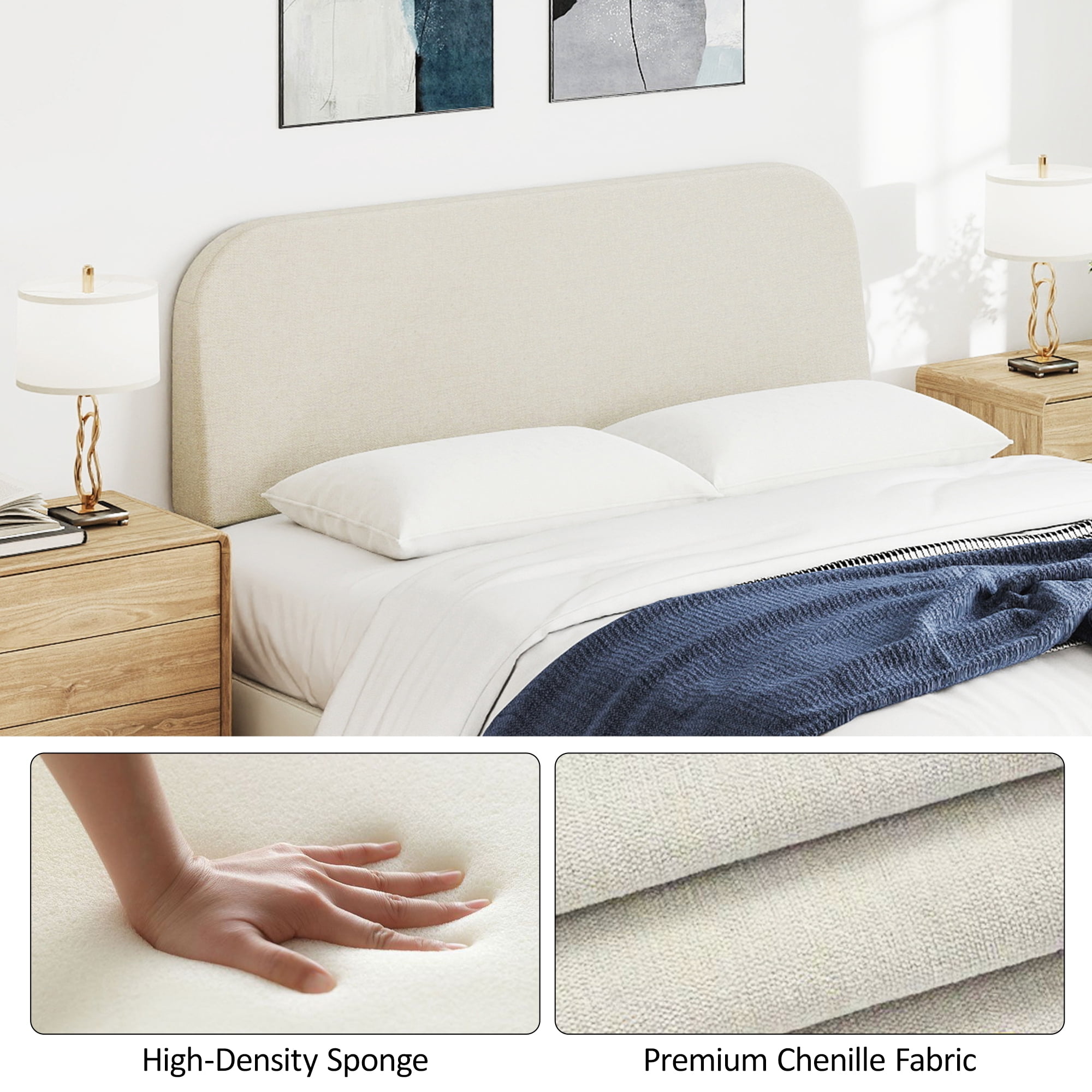 Furpopup Queen Size Headboard Only No-Assembly Upholstered Headboard, Queen Size Linen Fabric Modern Style Headboards Extra-Thick- Beige