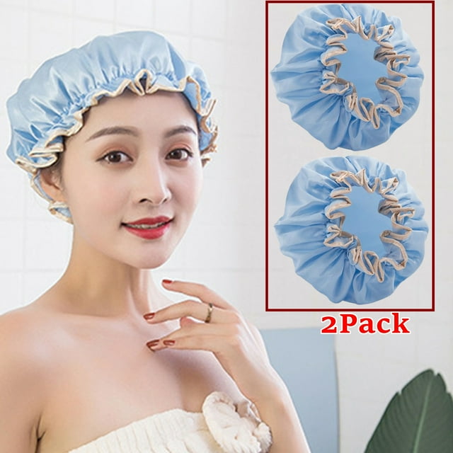 Djiypn 2-Pack Reusable Shower Caps - 9.64 Inch Elastic Hair Protector, Waterproof Double Layer for Women - Blue