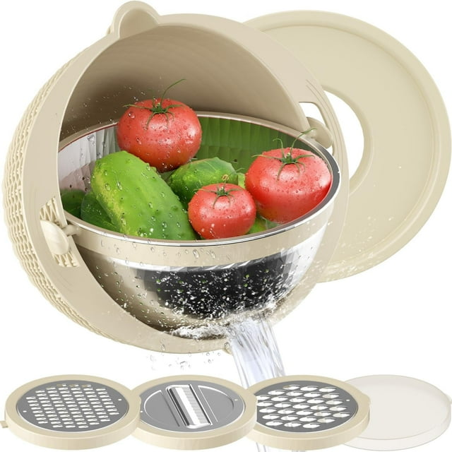 Juego de colador 4 en 1 con cuenco para mezclar: para cocina, colador de alimentos, pasta y arroz, limpiador de frutas, lavado de verduras, centrifugador de ensaladas, artículos esenciales para el
