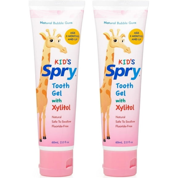 Spry Xylitol Toothpaste, Toddler Toothpaste, Fluoride Free Toothpaste for Kids, Xylitol Toothpaste for Kids Age 3 Months and Up, Tooth Gel Bubble Gum 2 Fl Oz (Pack of 2)