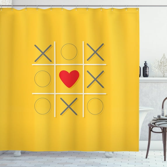 XOXO Shower Curtain, Tic Tac Toe Game Inspired X and O Symbols with Heart Symbol Love Center, Fabric Bathroom Set with Hooks, 69W X 84L Inches Extra Long, Mustard Grey Vermilion, by Ambesonne