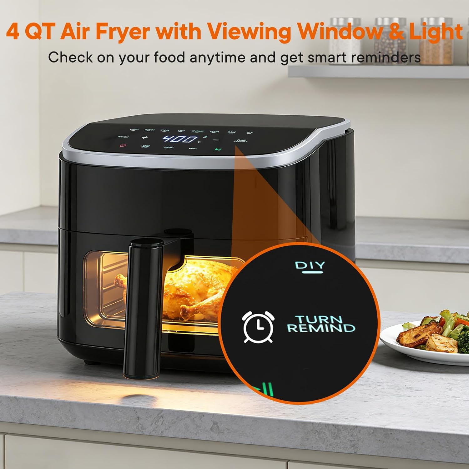 Haysky 4 QT Air fryer with Digital Touchscreen, Compact Rapid Air Cooker with View Window & 8 Presets & Timer, Nonstick Dishwasher-Safe Parts, Balck
