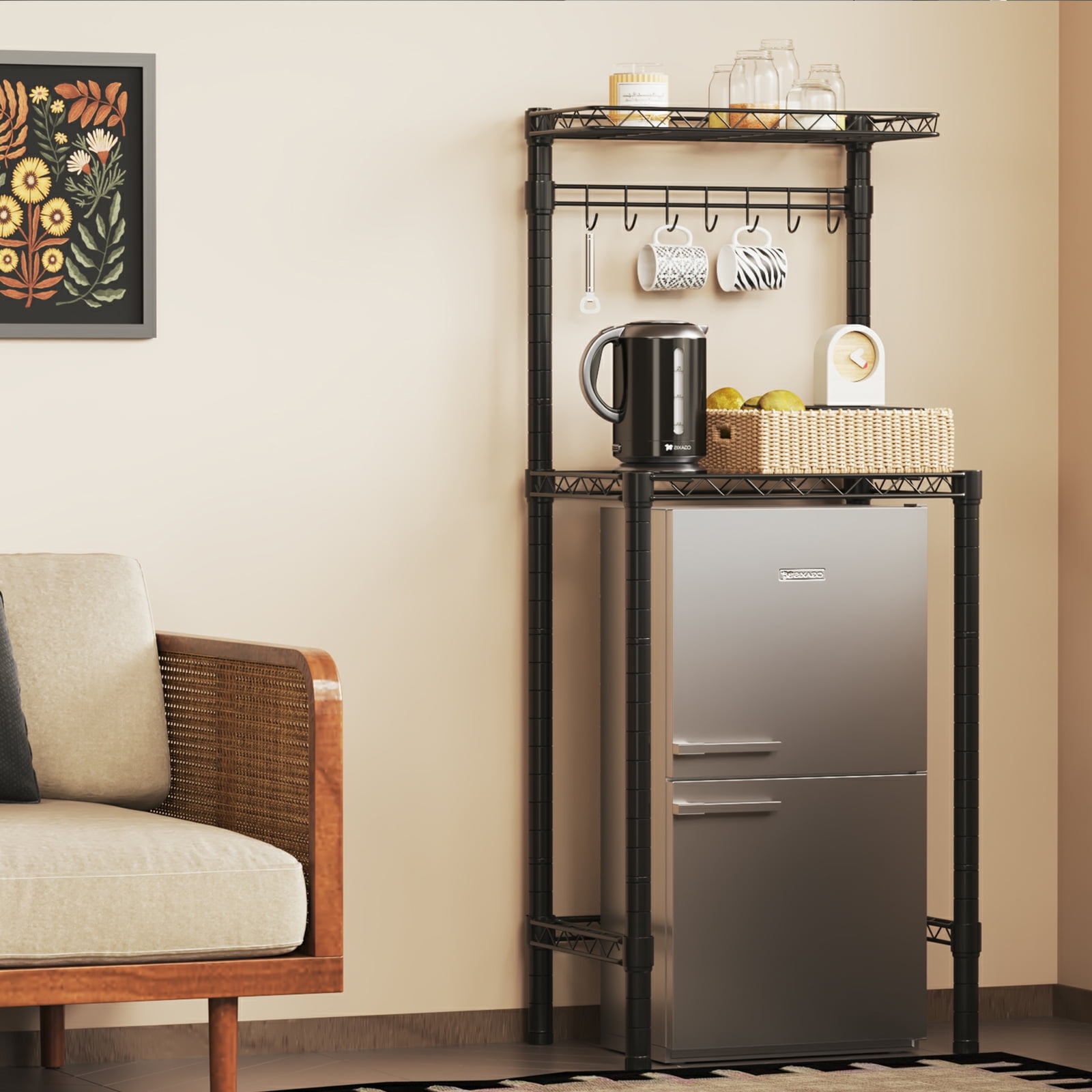 2-Tier Mini Fridge Storage Shelf Mini Fridge & Microwave Stand, Adjustable Metal Organizer Storage Rack with 7Hooks, Multifunctional Bakers Rack Coffee Bar Table for Kitchen Office Dorms Bedroom