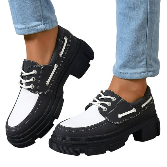 Platform Low Top Fashion Sneakers for Women Spring Casual Leather Lace up Chunky Penny Loafer Dress Shoes