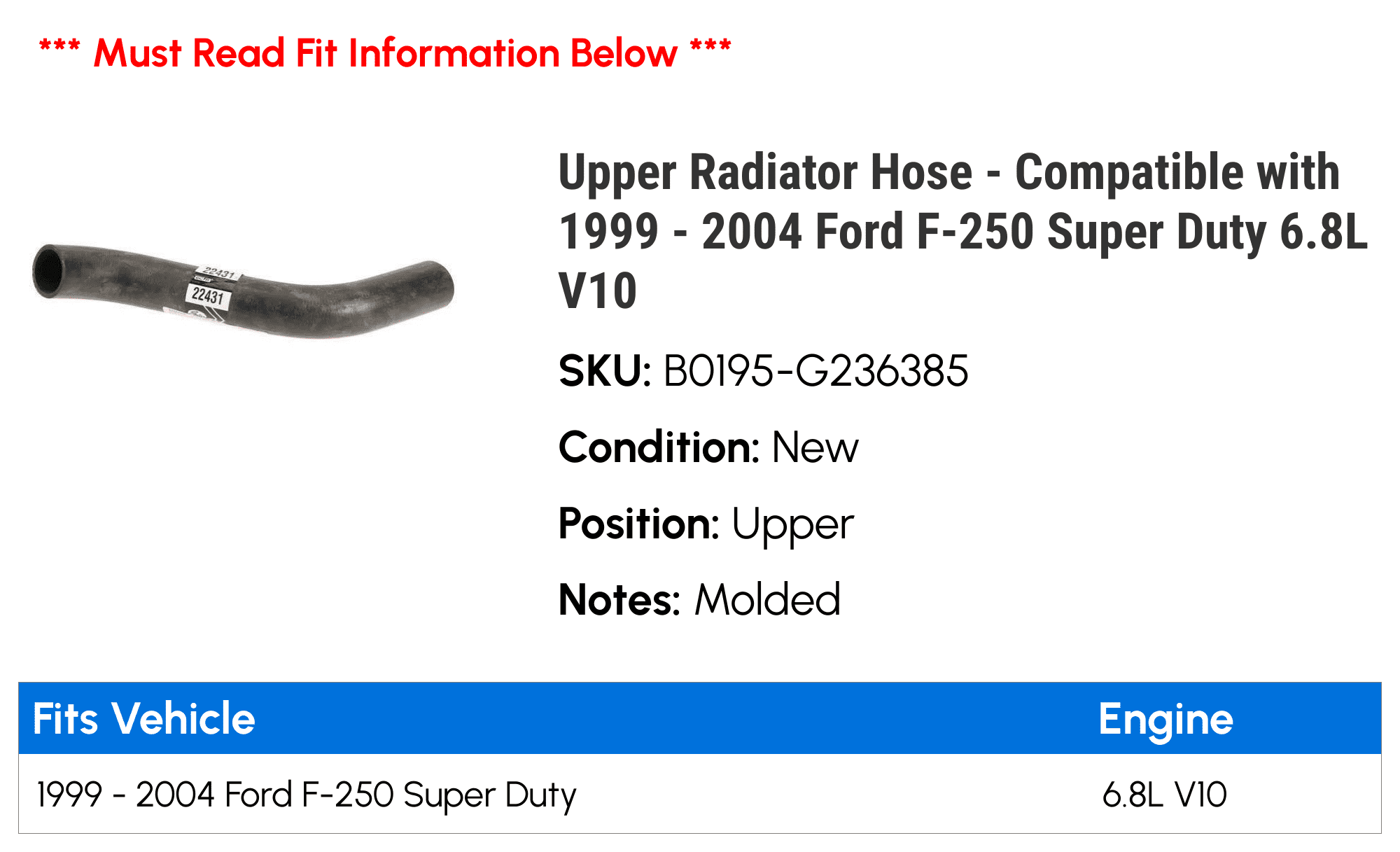 Upper Radiator Hose - Compatible with 1999 - 2004 Ford F-250 Super Duty 6.8L V10 - Gates