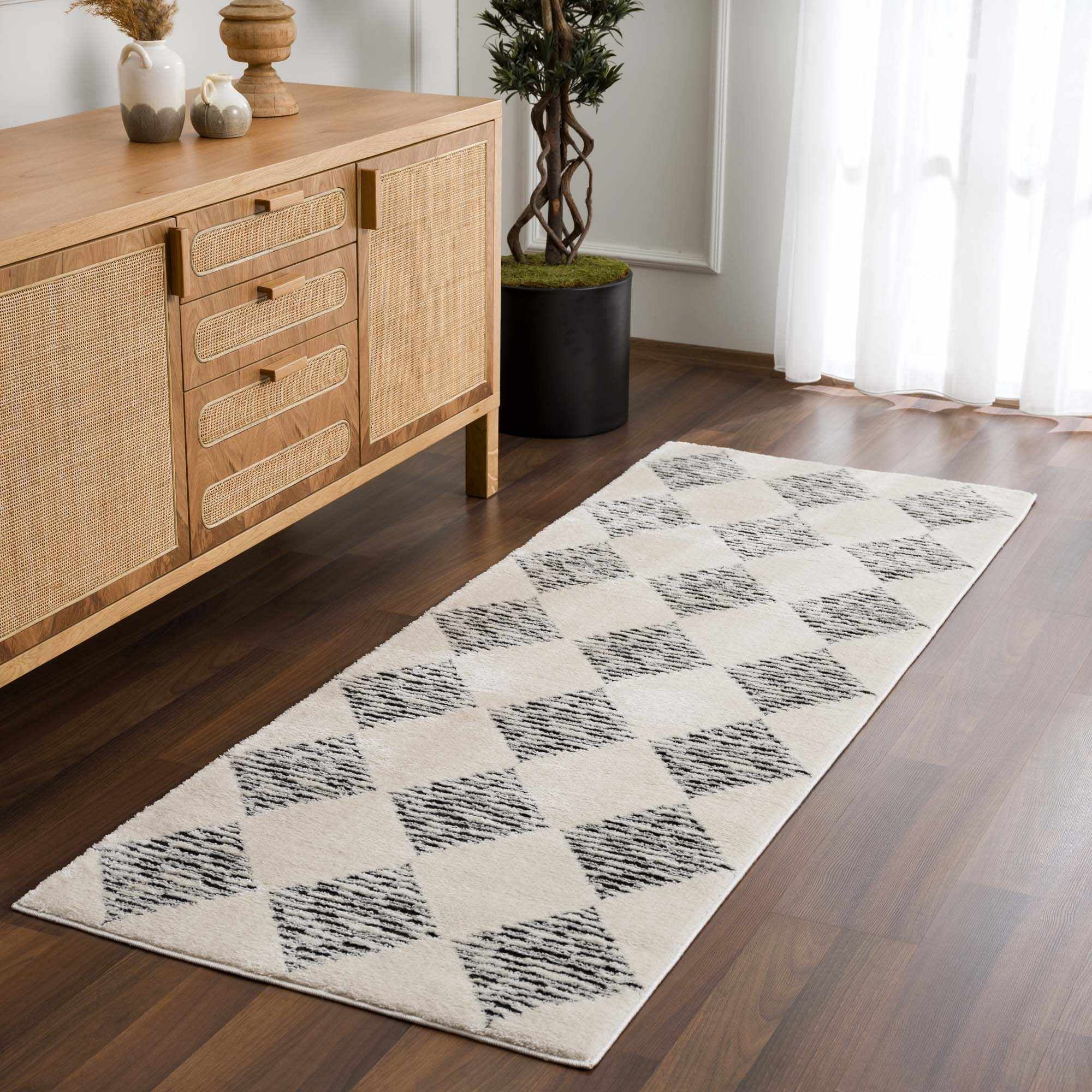 Hauteloom Mahsa Living Room, Bedroom Area Rug - Bohemian Farmhouse Square Tile Pattern - Cream, Black - 5'3" x 7'