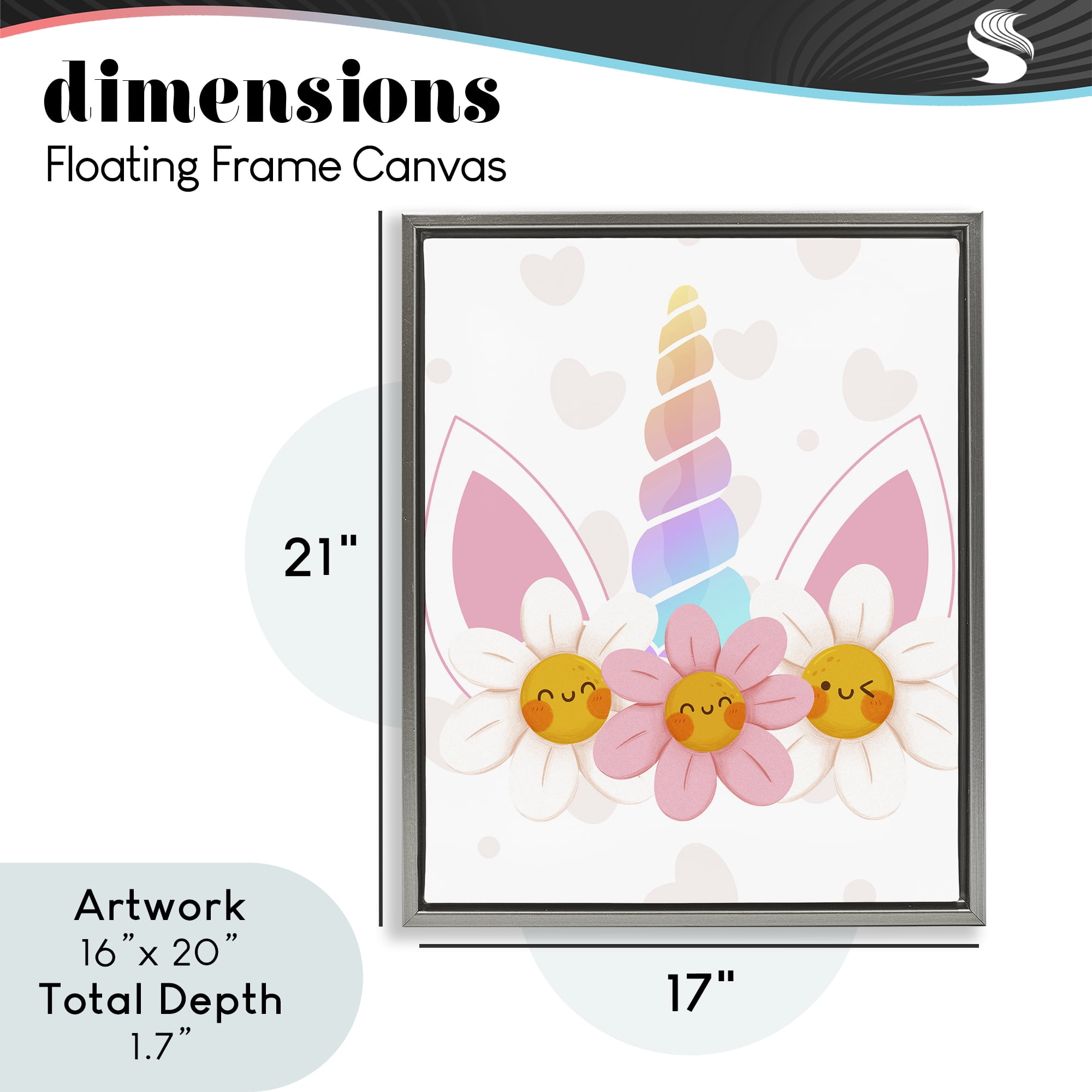 Daisy Unicorn with Hearts Gray Framed Floater Canvas Wall Art, design by Jesse Keith