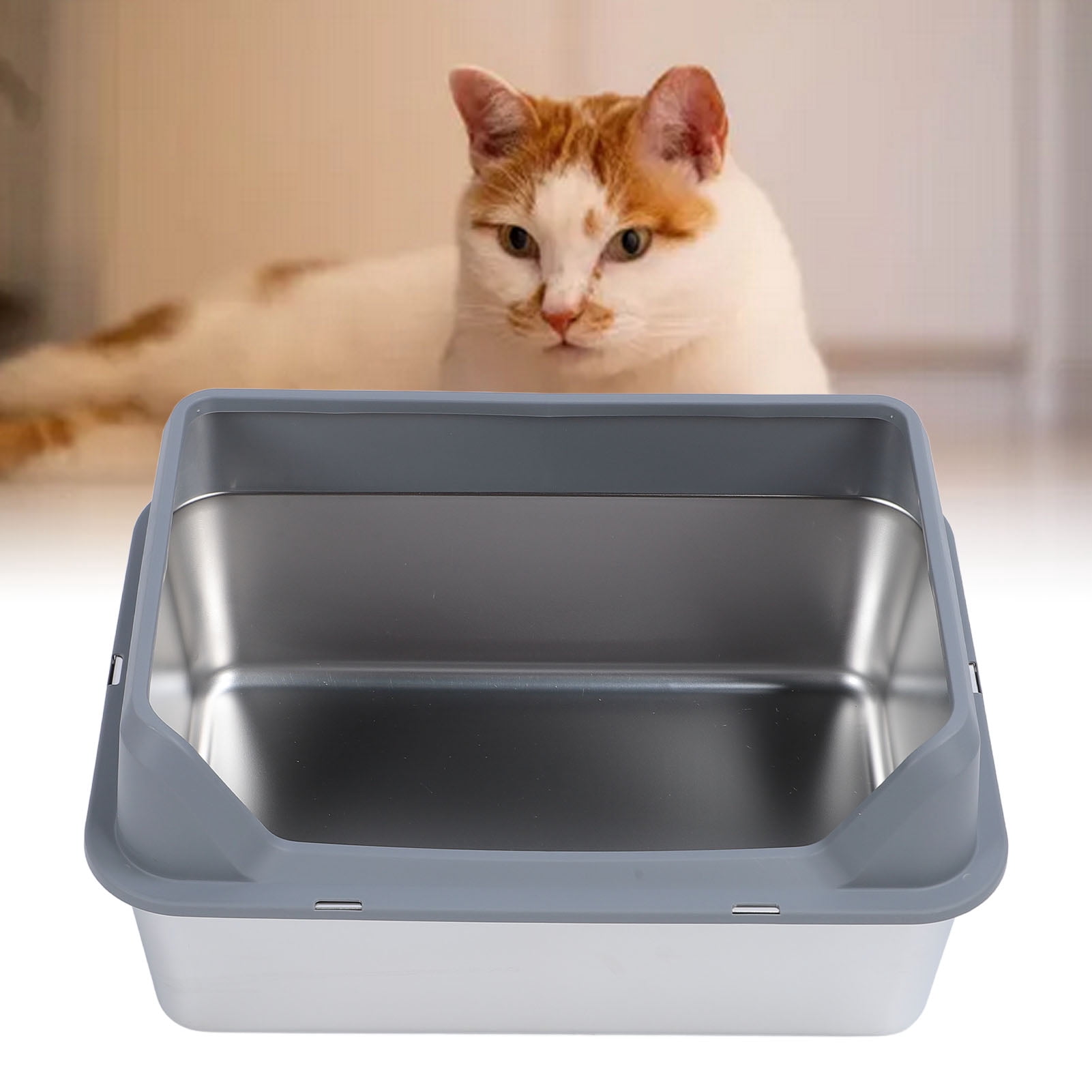 YAHHU Stainless Steel Cat Litter Box Anti Splashing Top Entry Large Kitty Pan with Scoop, High Sided Metal Potty Tray for Big Cats, 20.08 inches / 51 cm, Dark Gray