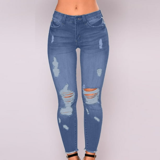 ICHUANYI Clearance Women's Solid Color Ripped Trousers Casual Pants With Pockets(Blue, S) ICHUANYI WER2023081200334