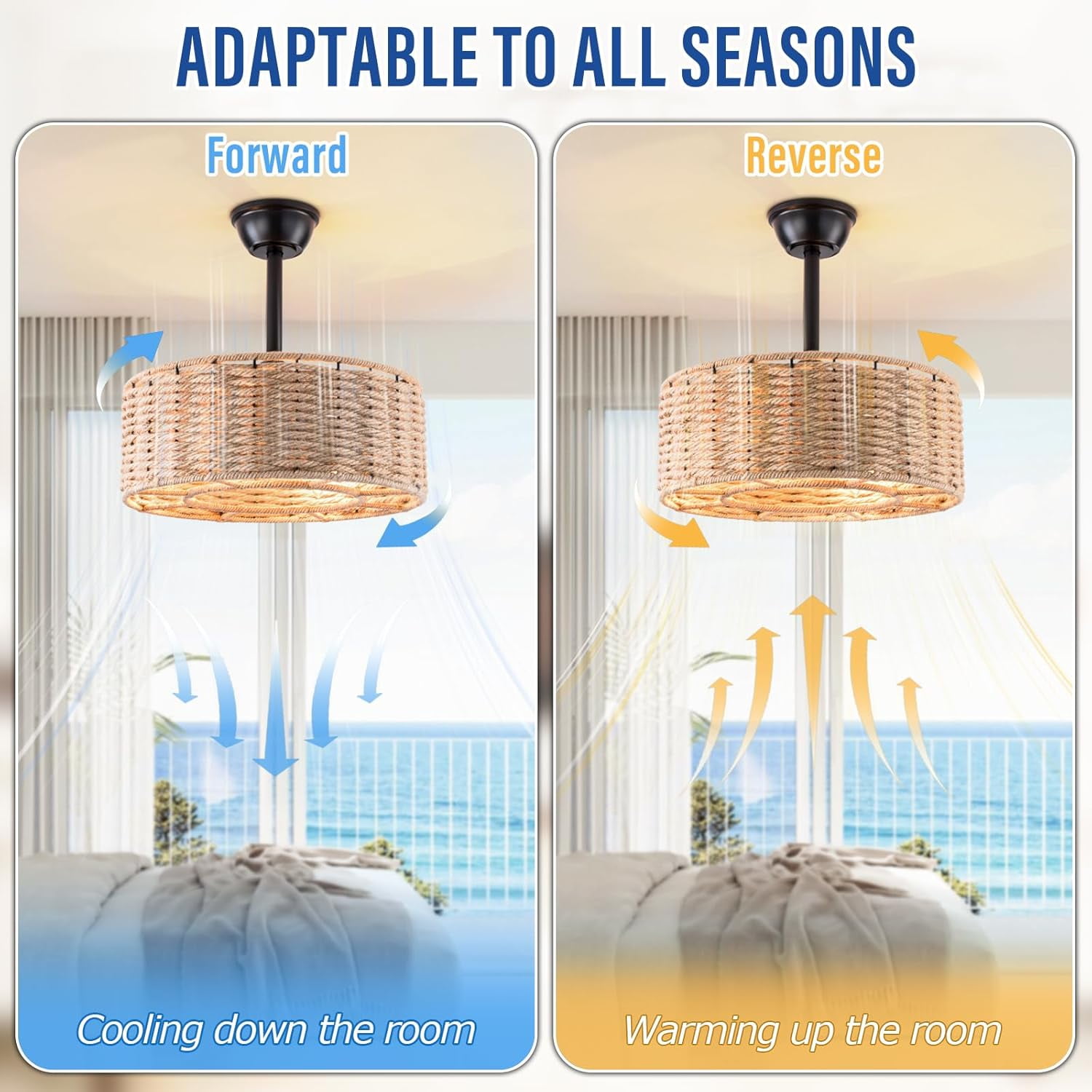 Maxax 19" Boho Caged Ceiling Fan with Light, Rattan Chandelier Ceiling Fan with Lights and Remote Control, 6 Speeds Reversible Timing Fandelier Ceiling Fan with Lights for Bedroom, Living Room