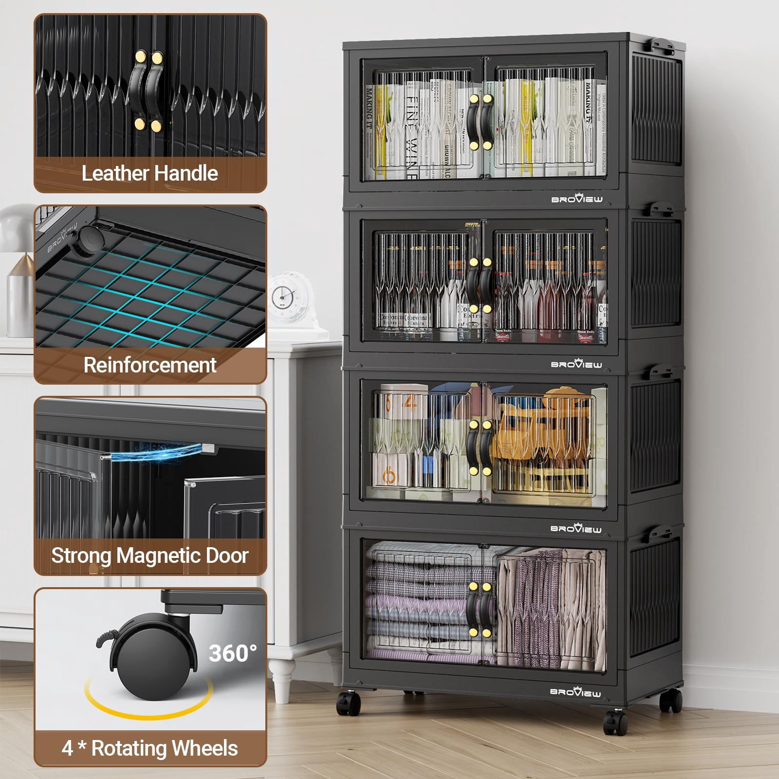 BROVIEW 180Qt Stackable Storage Bins with Lid, Plastic Closet Organizers and Storage Drawer, Collapsible Storage Box with Wheels, Folding Storage Cabinet for Closet Clothes Organization, 3Pack Black