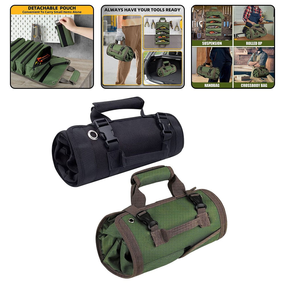 Rolling Tool Bag Tool Roll Up Bag 2 Removable Tool Pockets 4 Large Tool Compartments Waterproof For Car Repair Green Smile Home