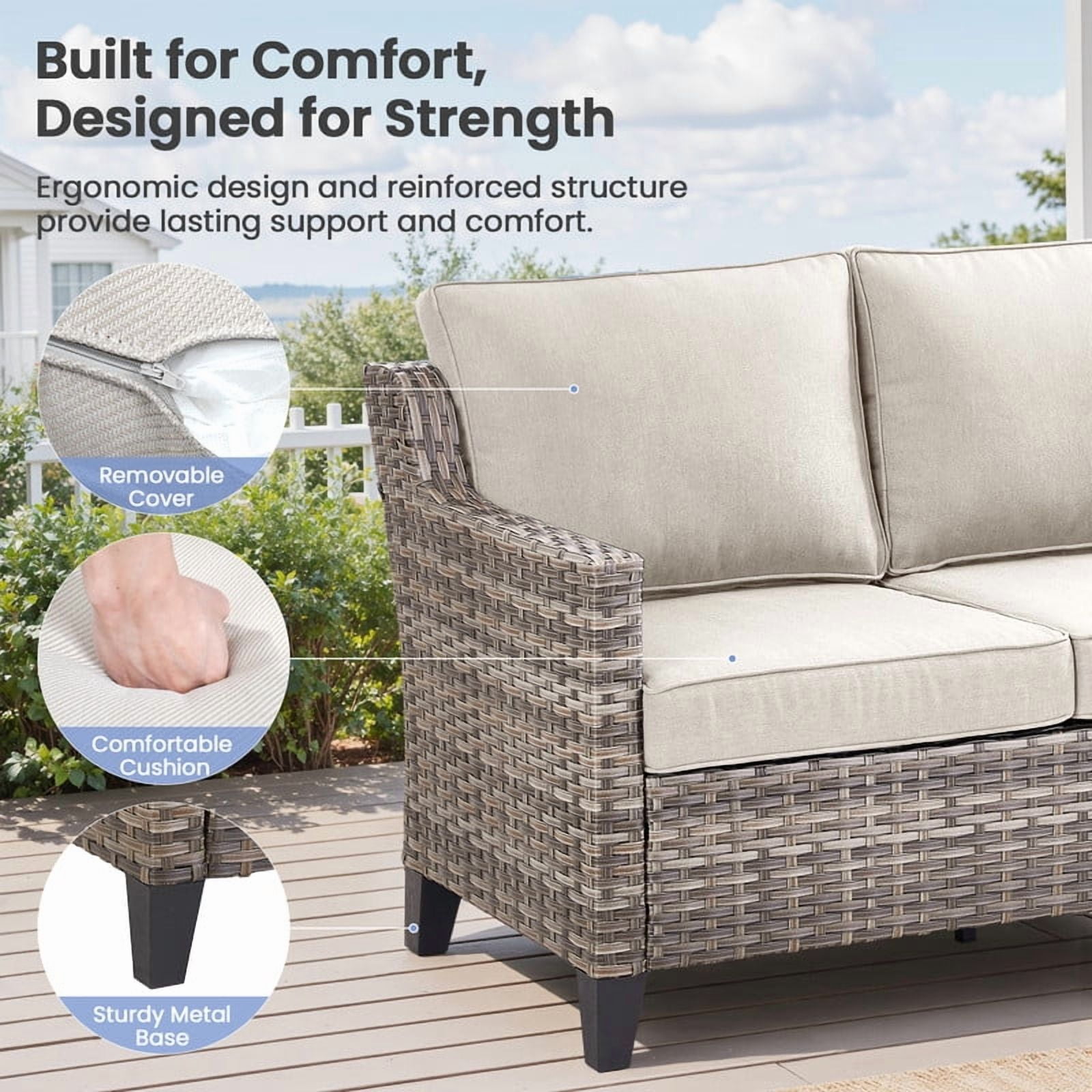 PARKWELL 4 Piece Outdoor Patio Furniture Set with Fire Pit Table,All-Weather Conversation Set with Luxury 4-Inch Thick Cushions,Swivel Glider Chair,5-Seat Furniture Sets for Deck, Backyard,Gray/Beige