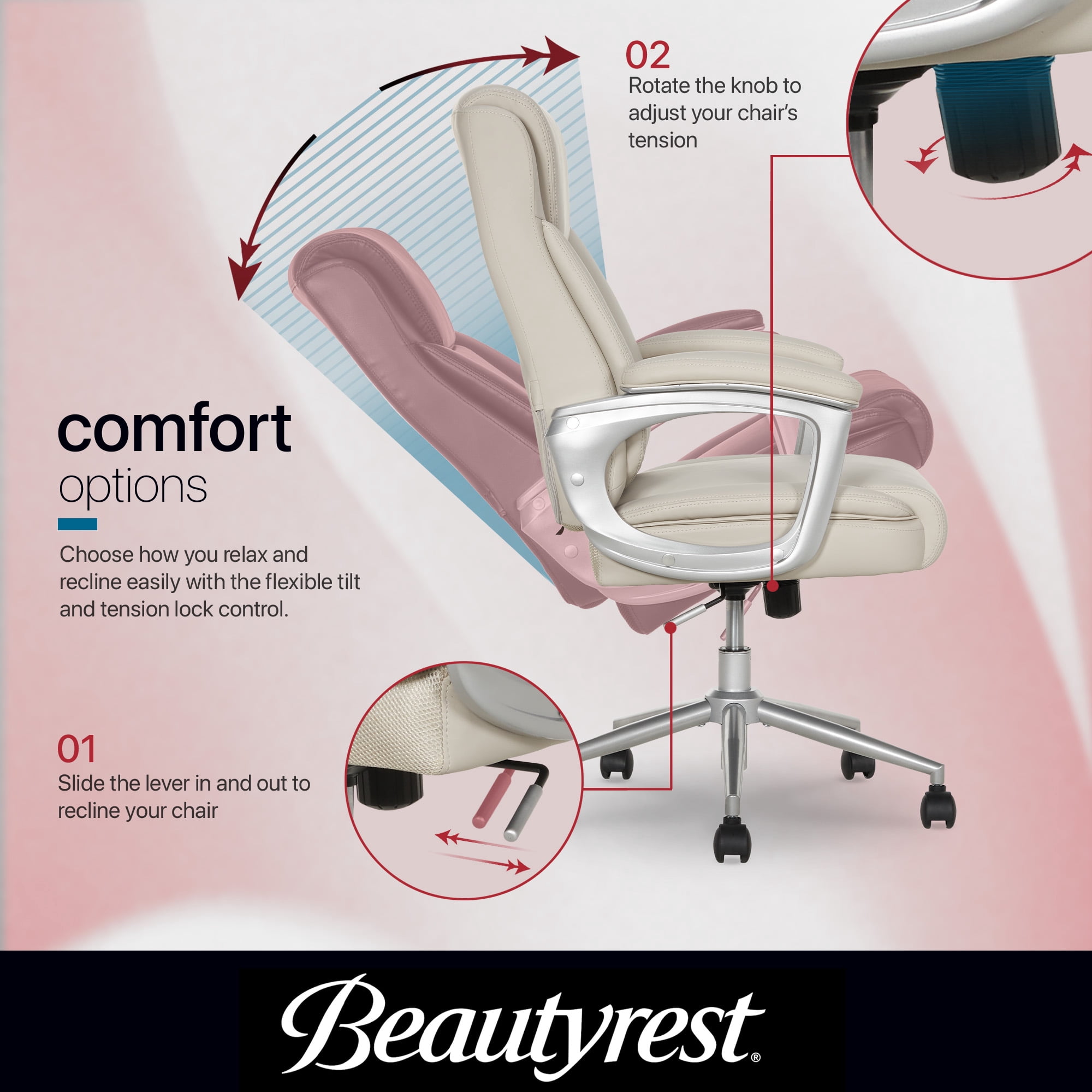Beautyrest Beyla Ergonomic Manager Office Chair with Padded Armrest for Teens and Adults, Ivory