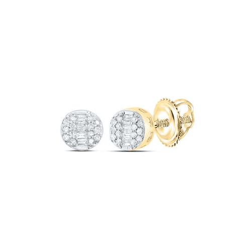 10K Yellow Gold Round & Baguette Diamond Earrings Statement 6mm Stud 1/6 CT.