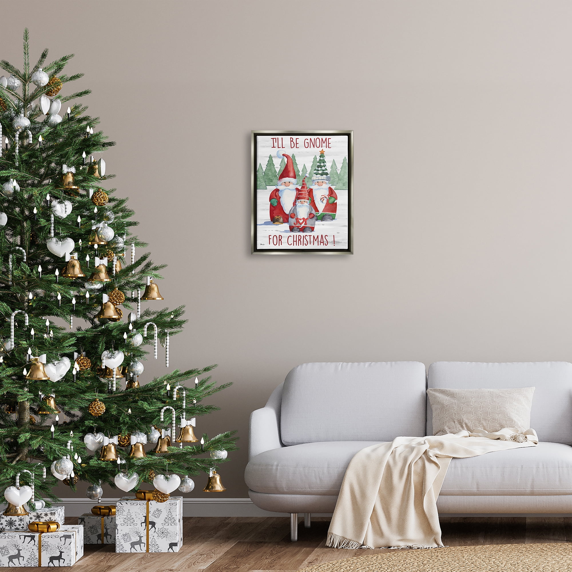 Stupell Industries Gnome For Christmas Phrase Holiday Painting Gray Floater Framed Art Print Wall Art, 17 x 21