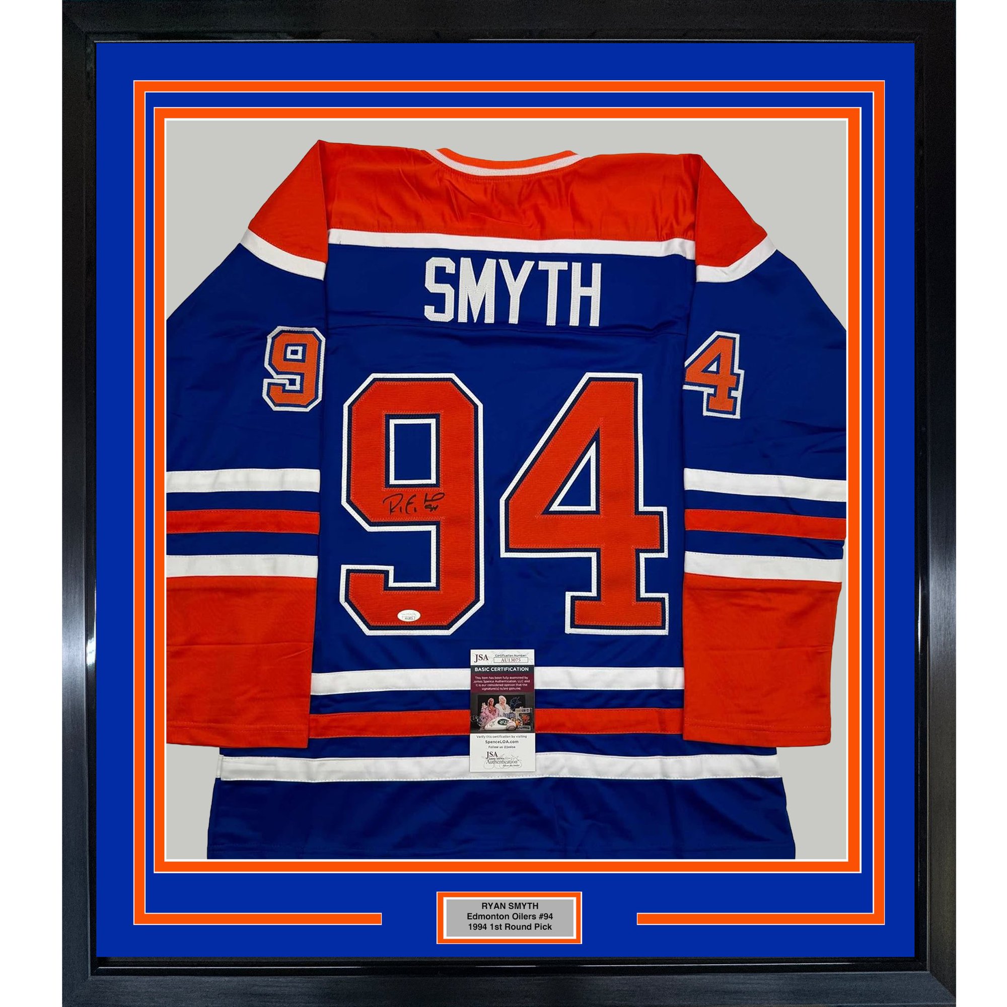 Framed Autographed/Signed Ryan Smyth 35x39 Edmonton Blue Hockey Jersey JSA COA