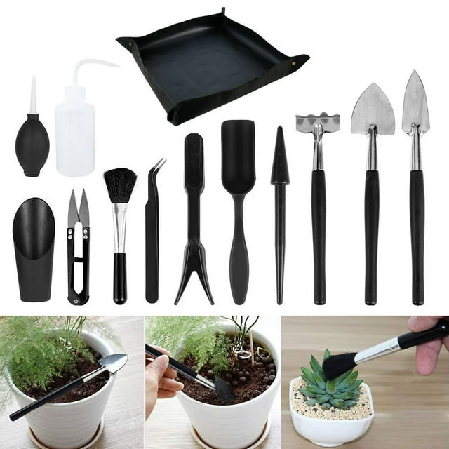 Mini herramientas para plantas suculentas, para el cuidado de plantas de jardín de hadas en miniatura (negro, 14 piezas)