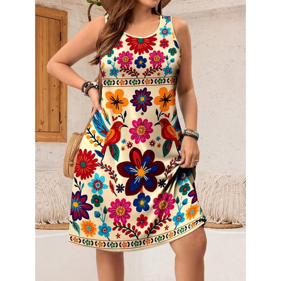 Multicolor Floral Print Sleeveless Round Neck Casual A-Line Dress For Women