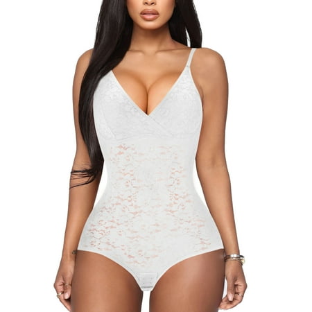 

Junlan Women shapewear body suit tummy control body shaper lace (White M）