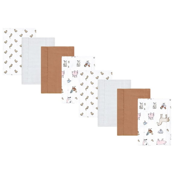 Hudson Baby Boys and Girls Cotton Poly Flannel Burp Cloths 8-Pack, Farm World, One Size