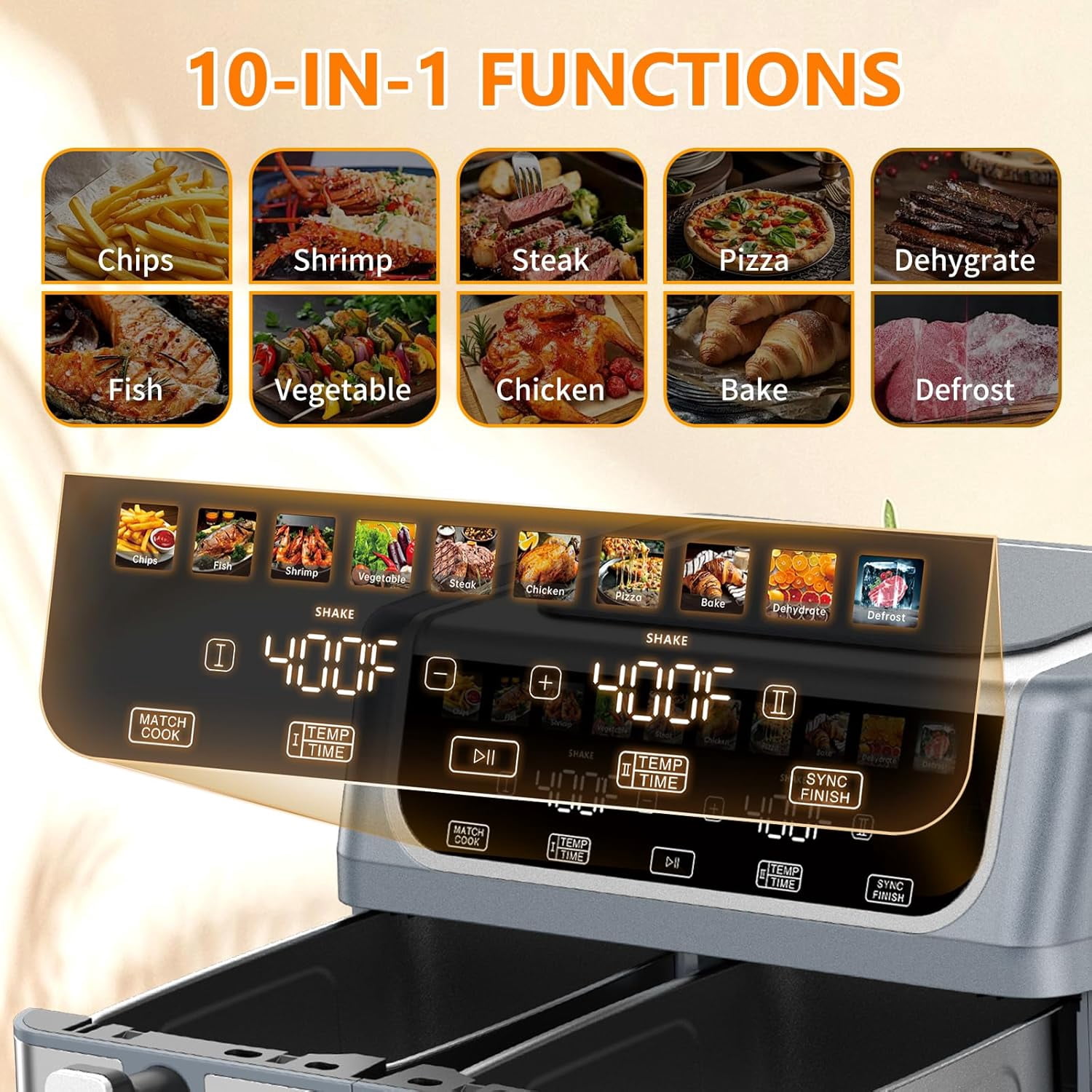 Haysky 9.5QT Dual Basket Air Fryer, 10-in1 Digital Touchcreen 2 Independent 4.75Qt Basket, Non-Stick, Gray