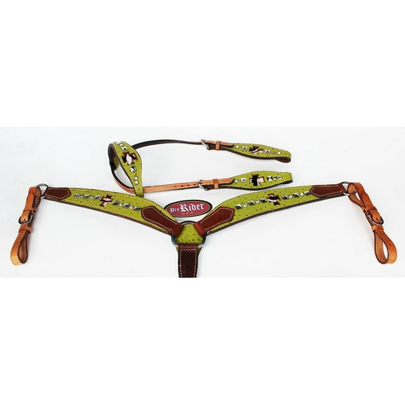 Show Tack Horse Bridle Western Leather Headstall Breast Collar Green 8250