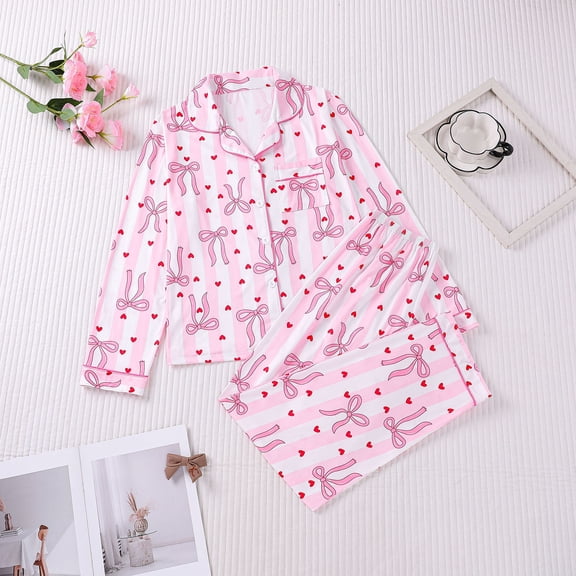 Uaswgudfs Women's Button Front Flip Collar Short Sleeve Pajama Set with Heart Print Elastic Waist Women's Pajama Set