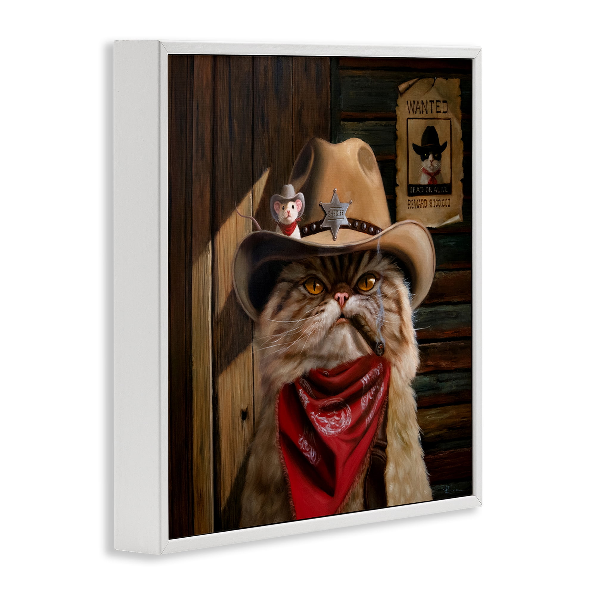 Deputy Purrkins Cat Sheriff White Framed Giclee Art, design by Lucia Heffernan