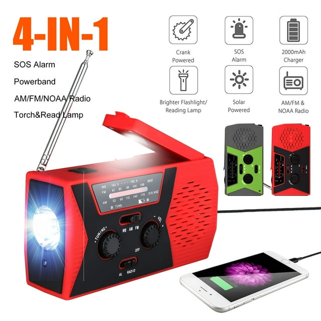 YUNDAP Solar Weather Radio, Hand Crank Self Powered Emergency FM/AM Radio Table Lamp LED Flashlight with 2000mAh Rechargeable Battery and Carabiner for Home Outdoors, Yellow