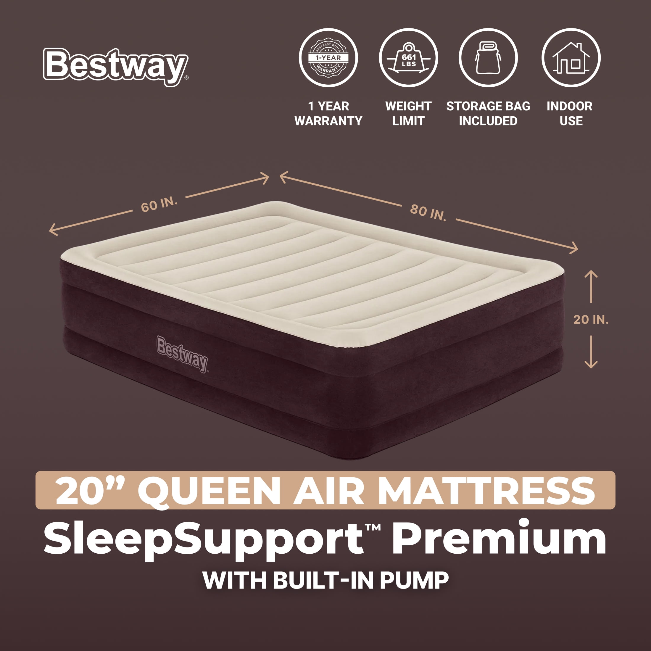 Bestway Maroon SleepSupport Premium Air Mattress Queen 20” with Built-in AC Pump
